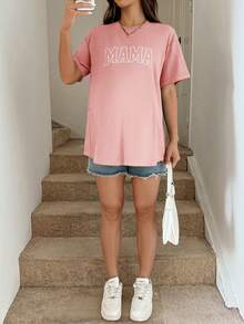 SHEIN Maternity Simple Print Crew Neck Short Sleeve Nursing Top - Pink - View 3