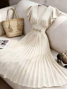 Elenzga Đầm maxi dự tiệc, dạ hội, tiệc tối, cocktail, màu trơn, cổ chữ V, tay bồng, chất liệu vải dệt, trang trí cúc kim loại, thiết kế xếp ly, thanh lịch dành cho nữ. - Màu be - Xem 3