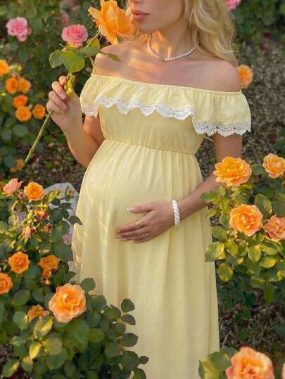 Lyckli Maternity Clothes Maternity  Dress Summer Pregnant Clothes Comfortable Yellow Maternity Dress With Off-The-Shoulder Design For Vacations Pregnant Women's Summer Romantic Elegant Resort Style Contrast Lace Detachable Transparent Strap Dress
