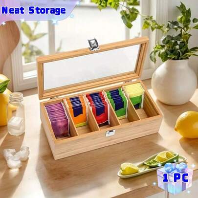 1pc Bamboo Tea Bag Organizer With Transparent Acrylic Lid - Multi-Compartment Storage Box For Tea, Coffee, And Desk Supplies, Natural Wood Finish, Colorful Tea Bag Display, Perfect For Kitchen Or Office Organization, Tea Storage, Shelf Baskets