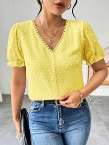 EMERY ROSE Blus Longgar Wanita Kasual Liburan Minimalis Warna Polos Leher V Lengan Kelopak - Kuning - View 5