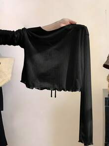 Resyla Plus Size French Style Camisole Dress Cover Up, Long Sleeve Ruffled T-Shirt Cover Up, Knitted Lightweight Shawl For Summer, Sun Protection Top - Black - View 2
