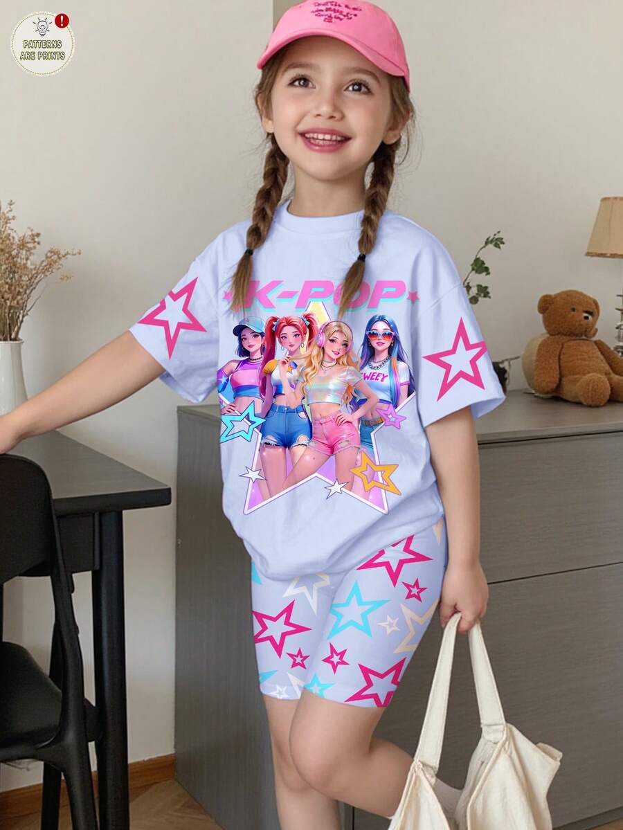 Set de 2 piezas de camiseta de manga corta con cuello redondo y pantalones cortos con estampado de letra y estrella de grupo de chicas K-POP colorido y fresco, adecuado para el verano, para niña joven y casual - Multicolor - Ver 1