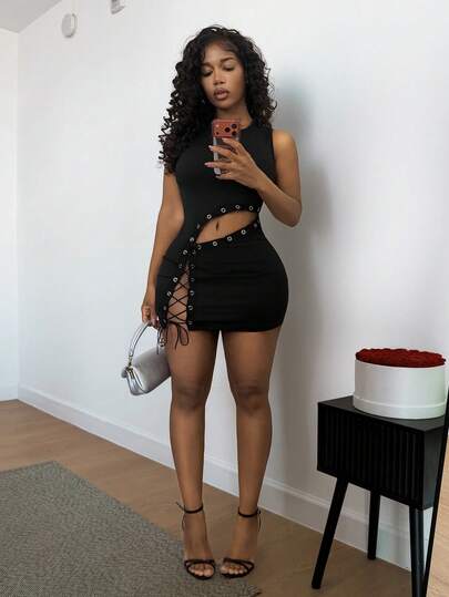 BamGleam Solid Color Round Neck Sleeveless Fitted Hollow Out Fashionable Summer Dress