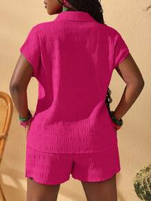Slaydiva New Casual Resort Loose Textured Women Plus Shirt With Button Front And Knotted Shorts Set, Summer - Hot Pink - View 2