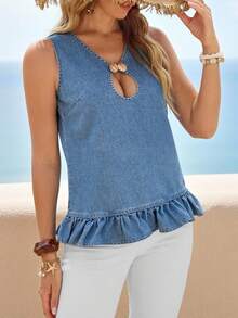 Breezaya Vacation Casual Hollow Out Ruffle Hem Sleeveless Denim Blouse - Blue - View 5