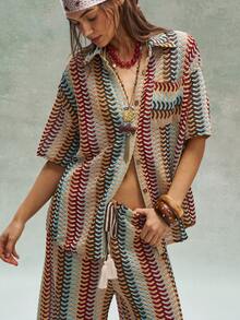 Bohemela Bộ 2 món áo thun dệt kim kẻ sọc dáng rộng và quần ống rộng dành cho nữ (kiểu dáng thường ngày). - Nhiều màu - Xem 6