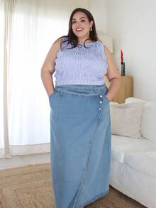 Pretty and Ole Plus Size Loose Fit Sweet A-Line Denim Mini Skirt, Blue - Medium Wash - View 5