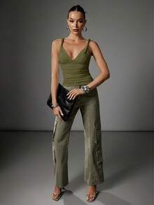 Hauture Blusa básica para salir con diseño de hombros retorcidos y espalda baja, sexy y casual para mujer - Verde militar - Ver 6