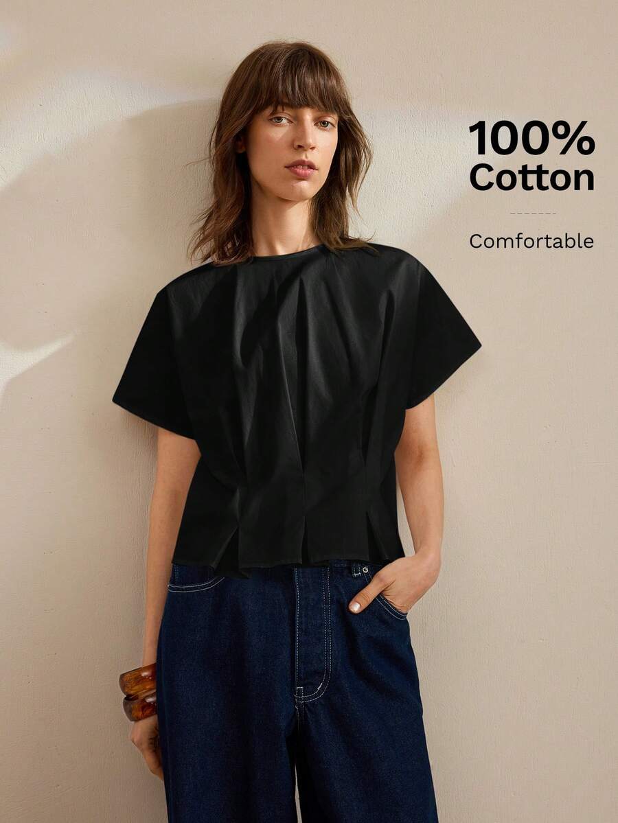 Ontre Blusa de mujer de cuello redondo, manga corta y cintura ceñida, nueva para primavera/verano 2026, estilo urbano y casual de negocios, color negro - Negro - Ver 1