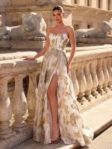 Glamrae 优雅奢华提花缎面露肩无肩带修身高开衩长裙，适合节日、婚礼、晚宴、音乐会、商务活动、网红活动等场合。 - 彩色 - 查看 6