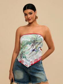 Travachic Plus Size Women Asymmetric Hem Palm Tree Print Bandeau Top - Multicolor - View 5