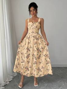 Elenzga Latest Spring/Summer Floral Elegant Waist Gathering Pleated Long Dress For Women - Multicolor - View 5