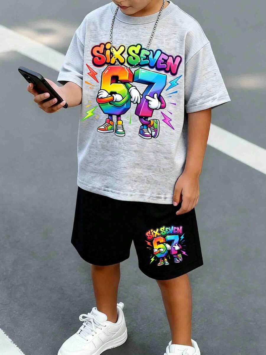 SHEIN Coolqubz 2件套幼儿男童休闲创意彩色渐变数字67和闪电图案T恤和短裤套装，舒适百搭，适合春夏季日常穿着