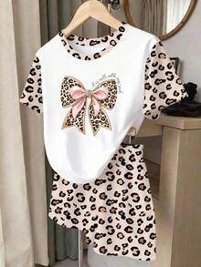 2 pièces/Set T-shirt à nœud papillon imprimé léopard et short pour jeunes filles, style décontracté confortable pour l'été et l'automne, convient pour le port quotidien - Blanc - Voir 3
