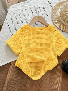 SHEIN LMoss Kids Young Girl Knit Patchwork Woven Hollow Out Raglan Sleeve Fitted T-Shirt - Yellow - View 5