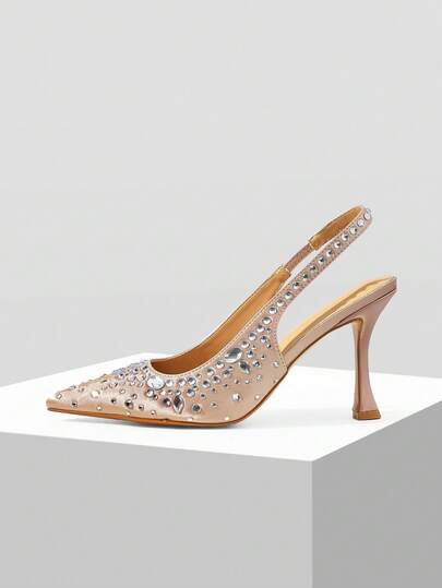 Mnmlis Light Luxury Celebrity Rhinestone Decorative Pointed Back Empty High Heels Dinner Party Satin Full Diamond Stiletto Sandals