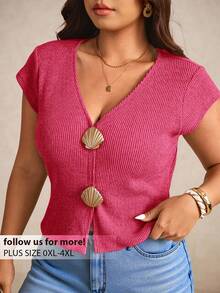SHEIN Elaquor Plus Size Women Metal Shell Design Short Sleeve Casual T-Shirt - Hot Pink - View 1