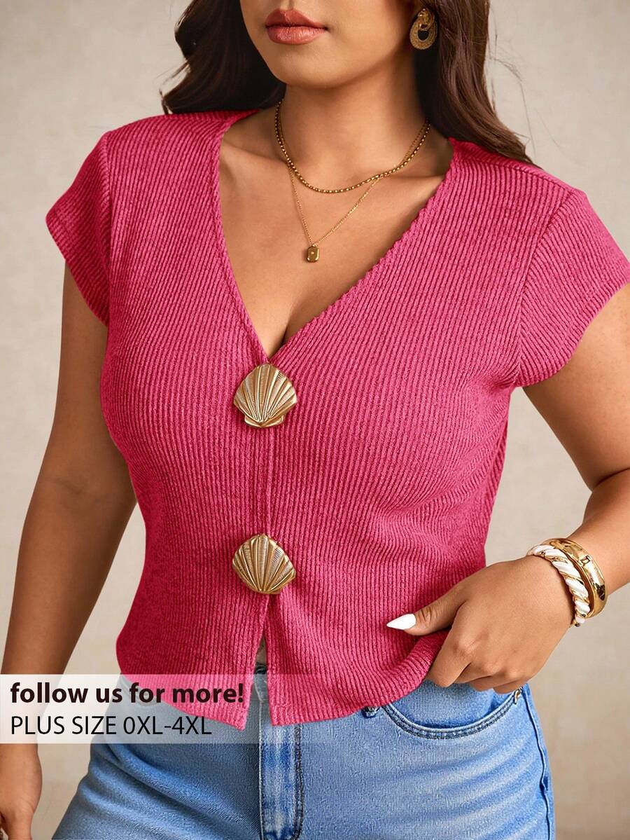 SHEIN Elaquor Plus Size Women Metal Shell Design Short Sleeve Casual T-Shirt - Hot Pink - View 1