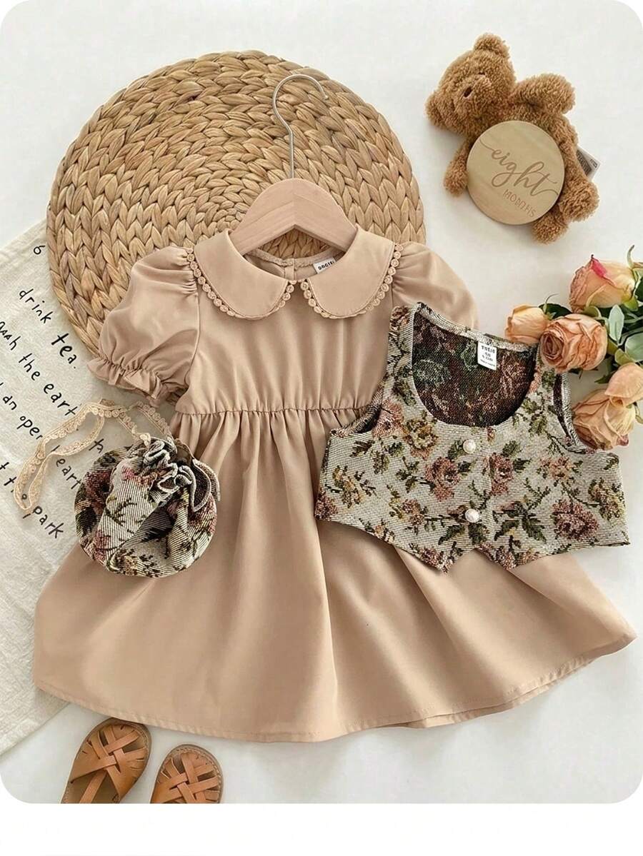 SHEIN Bộ 2 món áo vest họa tiết hoa cổ điển cho bé gái và váy tay ngắn cổ búp bê - Nhiều màu - Xem 1