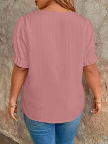 SHEIN LUNE CURVE Áo sơ mi cổ chữ V màu trơn dáng rộng, cỡ lớn, phong cách thường ngày, mùa hè. - Bụi hồng - Xem 2
