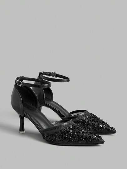 Ontre 春秋季黑色网纱刺绣串珠尖头细跟性感优雅镂空纯色女式高跟鞋