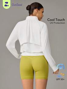 OutZeal 女士防晒夹克 白色 夏季日常休闲 凉爽触感 防紫外线 网眼拼接 拉链户外上衣 - 白色 - 查看 1