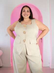 Pretty and Ole Plus Size Women Metal Floral Decor Vest And Pants Elegant 2 Pieces Set,Business Casual Woman - Khaki - View 4
