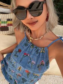Casual Backless Spaghetti Strap Ditsy Floral Camisole Top, Suitable For Spring/Summer, Music Festivals, Valentine's Day, Weddings, Beach Vacations - Blue - View 6