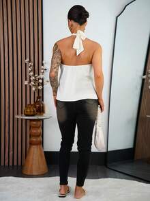 SAYEHFBABY 女式夏季优雅白色缎面露背上衣 - 白色 - 查看 2