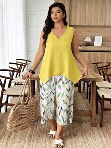 Weeklong Plus Size Women 2-Piece Set: Textured V-Neck Asymmetric Hem Tank Top And Botanical Print Cropped Pants - Multicolor - View 3