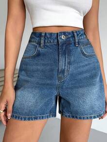 EURMUSE Quần short denim rộng rãi cạp cao giặt thường ngày, mùa hè - Rửa trung bình - Xem 3
