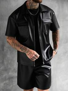 SLATEMANN Men's Solid Color PU Leather Zipper Casual Versatile Daily Wear Short Sleeve Shirt - Black - View 3