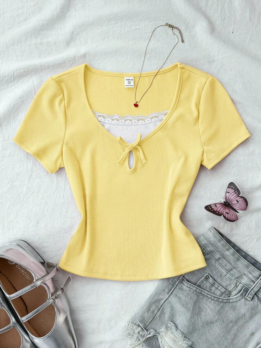 Áo thun tay ngắn ôm sát, phối ren, nơ nơ, màu hồng và trắng tương phản, thích hợp cho bé gái tuổi teen mùa xuân/hè, ngày Valentine, phong cách thường ngày ở nhà, sạch sẽ, kiểu Mỹ BM, phong cách Y2K. - Màu vàng - Xem 1
