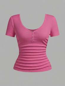 Slaydiva Kaos Lengan Pendek Kasual Serbaguna untuk Wanita Ukuran Besar dengan Lipatan Warna Polos untuk Penggunaan Sehari-hari - Berwarna merah muda - View 3