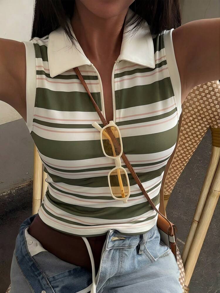 Green Collar Striped Casual Tank Top For Women, Spring & Summer