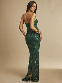 Silquee Vestido ajustado con parches de malla y diseño floral 3D sin tirantes - Verde Oscuro - Ver 2