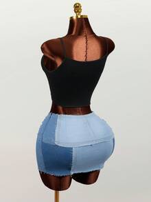 Mistrie Women's Frayed Hem Casual Denim Pencil Skirt - Blue - View 2