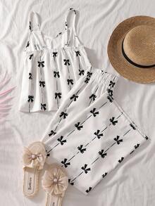 Bộ áo thun cho bé gái tuổi teen, kiểu dáng cơ bản thường ngày, áo hai dây màu trắng dáng rộng viền ren và quần ống rộng màu trắng. - Nhiều màu - Xem 2