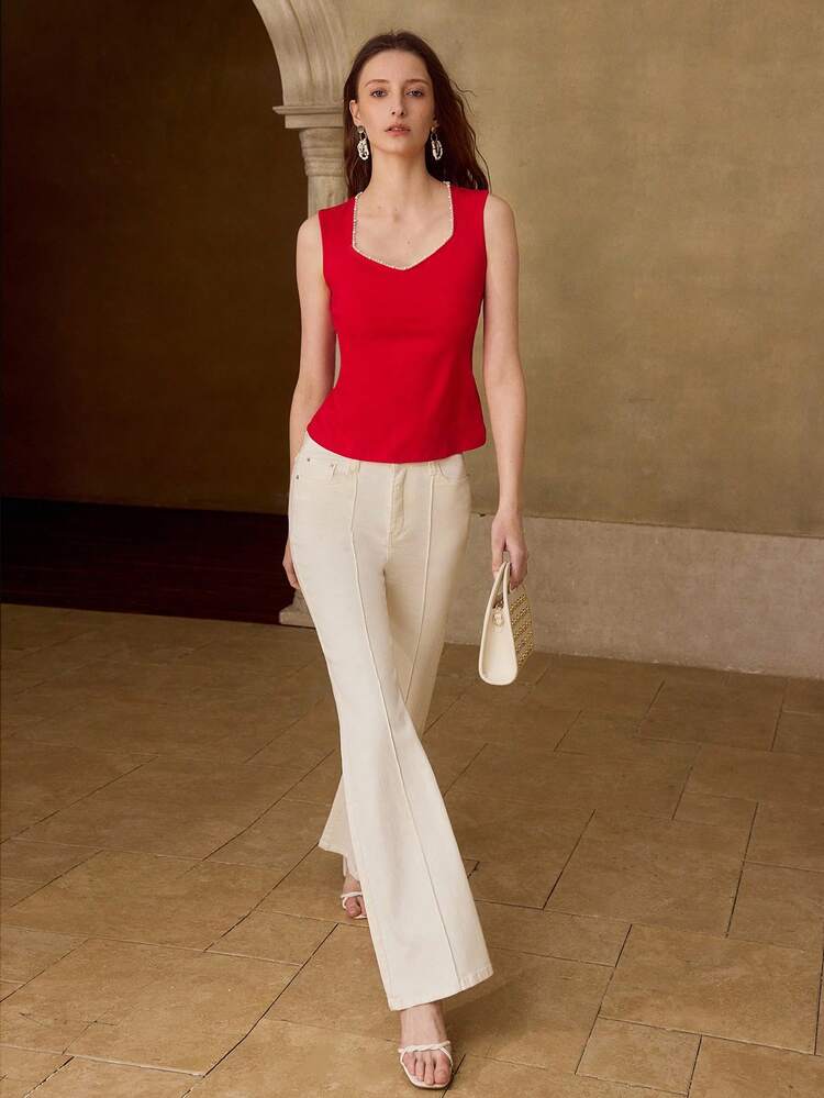 COTTON KNIT TANK TOP WITH FAUX PEARL TRIM, SPRING/SUMMER