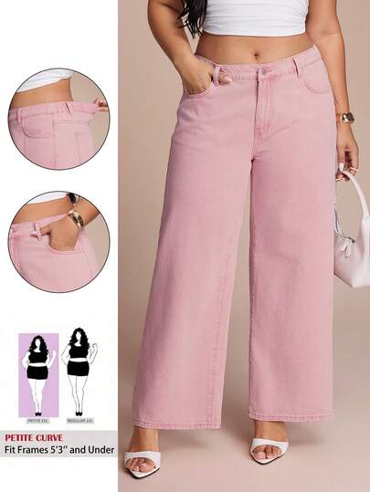 SHEIN PETITE CURVE Quần jeans ống đứng dáng rộng màu xanh dương cổ điển dành cho nữ cỡ lớn