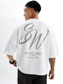 Camiseta Casual para Hombre SWAVVY con Estampado de Letras, Cuello Redondo y Hombros Caídos, Camiseta de Verano para Hombre, Camiseta Larga de Talla Grande, Camisetas de Estilo Urbano, Camis - Blanco - Ver 4