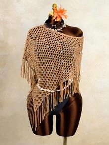Swim Vcay Bufanda triangular tejida con lentejuelas hecha a mano, capa de hombro con flecos y hueca de moda para mujeres - Camel - Ver 5