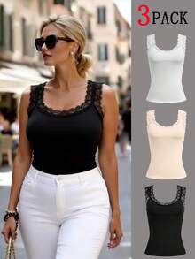 Easura 大码女式简约纯色蕾丝领口和袖口装饰无袖背心 - 彩色 - 查看 1