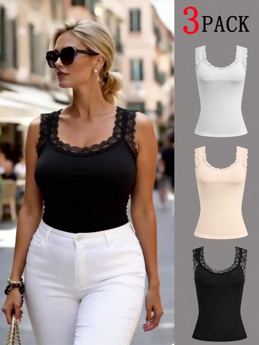 Easura 大码女式简约纯色蕾丝领口和袖口装饰无袖背心 - 彩色 - 查看 1