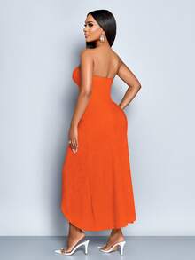 SOLERSUN Women's Elegant Orange Red Summer Date Night Sleeveless Tube Top Hollow Metal Button Decoration Front Smoked Slit Ribbon Textured Knitted Long Dress - Burnt Orange - View 2