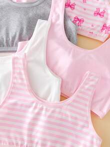 SHEIN 5件組女童兒童無袖圓領棉質套裝，冬季可愛工裝風粉色白色灰色條紋蝴蝶結印花透氣加厚 - 彩色 - 查看 7