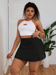 SHEIN PETITE CURVE Spring And Summer Break Solid Ruched Ruffle Hem White Skirt - Black - View 4