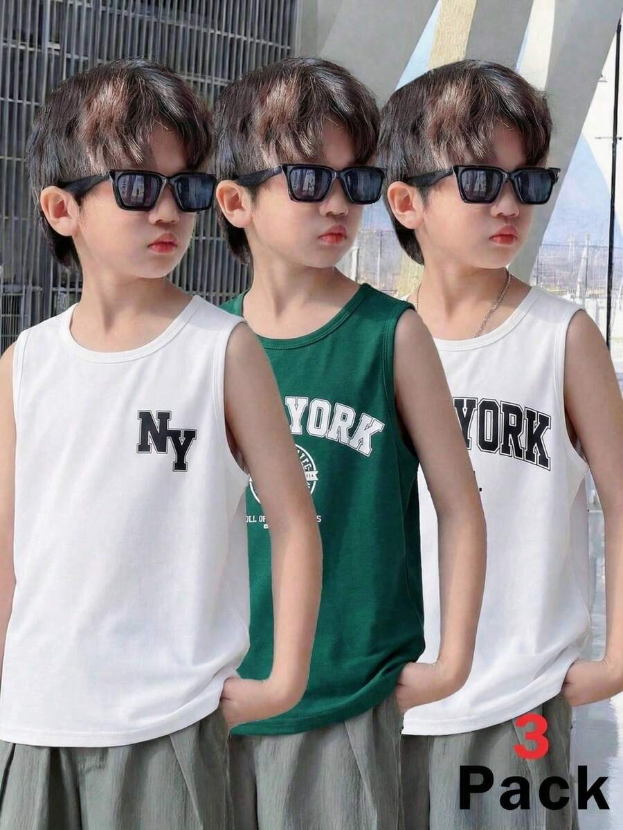 SHEIN Set de 3 camisetas sin mangas casuales y minimalistas para niños preadolescentes, apropiadas para el verano