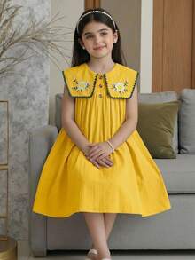 SHEIN Tween Girls/Tween Girl Girls Pastoral Floral Embroidered Pattern Ruffle Collar Puff Sleeve Dress,Versatile Round Neck Trim Contrast Color - Yellow - View 3